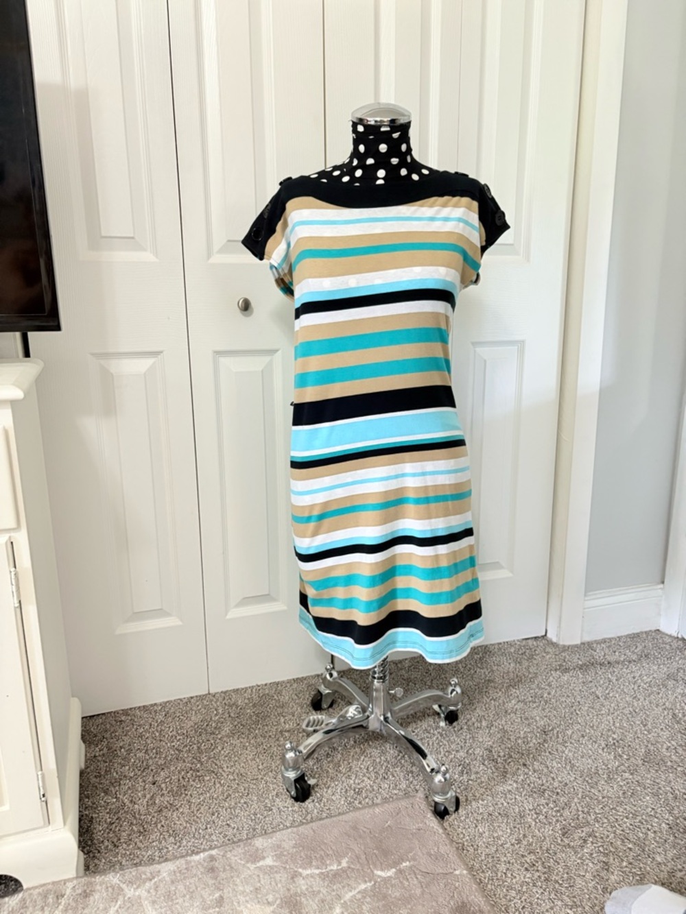 Striped Short Sleeve Shift Dress in Black, Tan & Teal